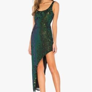 NEW h:ours Revolve Zafiro Sequin Green Iridescent Asymmetric Hem Midi Dress